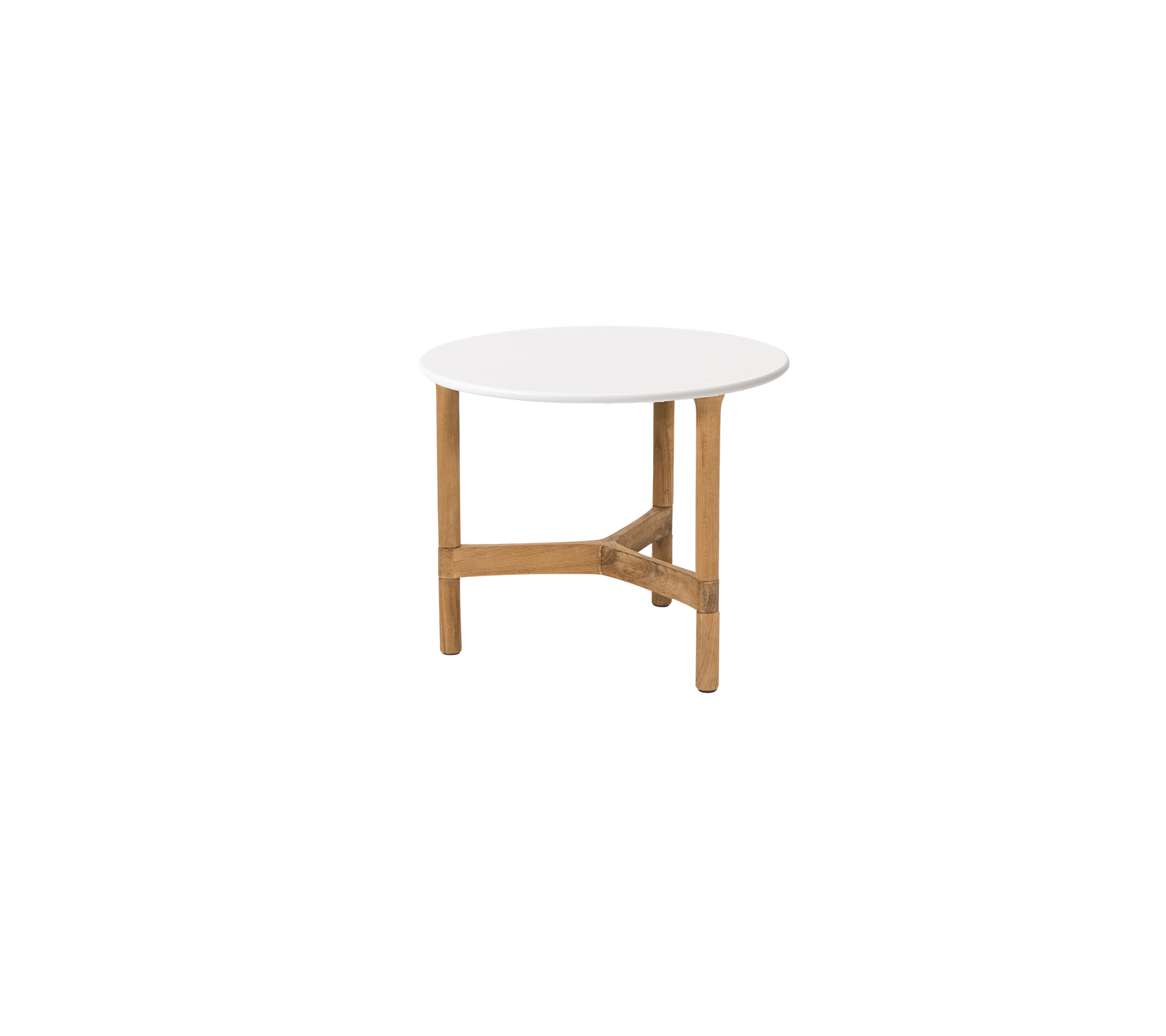 Rond tafel met een witte bovenkant en houten poten, voorzien van een stevige dwarsbalk ter ondersteuning. Ideaal voor verschillende omgevingen.