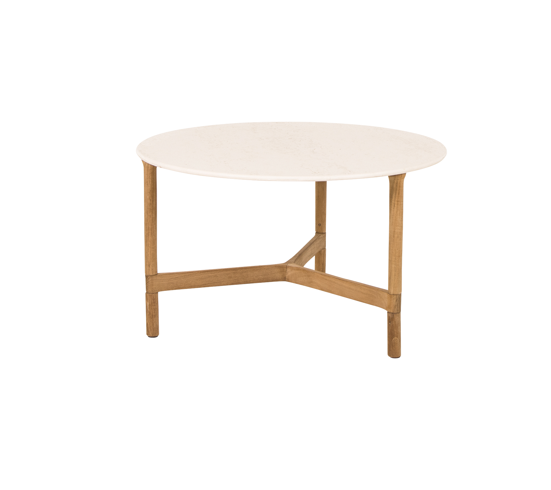 Ronde salontafel met een gladde witte bovenkant en lichte houten poten, met een modern en minimalistisch ontwerp.