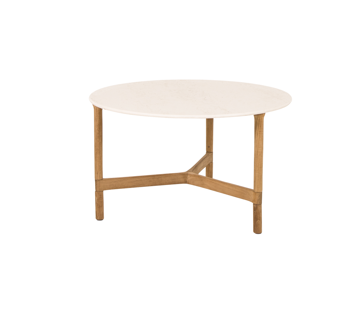 Ronde salontafel met een gladde witte bovenkant en lichte houten poten, met een modern en minimalistisch ontwerp.