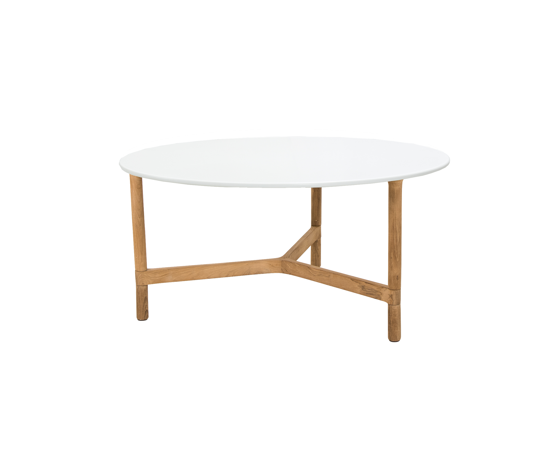 Een ronde salontafel met een strakke witte bovenkant, ondersteund door stevige houten poten met een uniek kruisdesign.