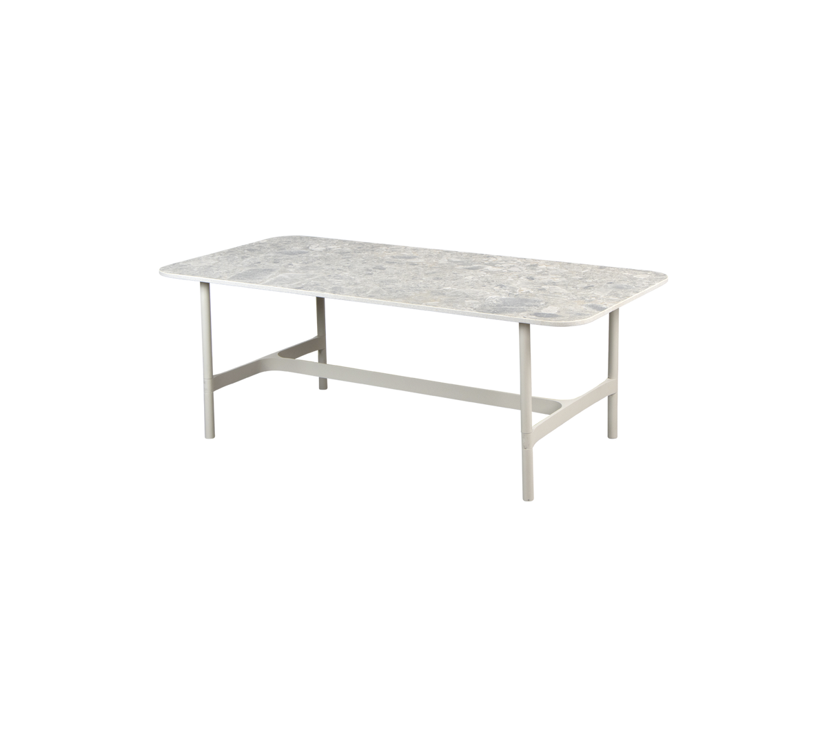 Een rechthoekige tafel met een gestructureerd oppervlak en stevige poten, ontworpen voor verschillende omgevingen en activiteiten.