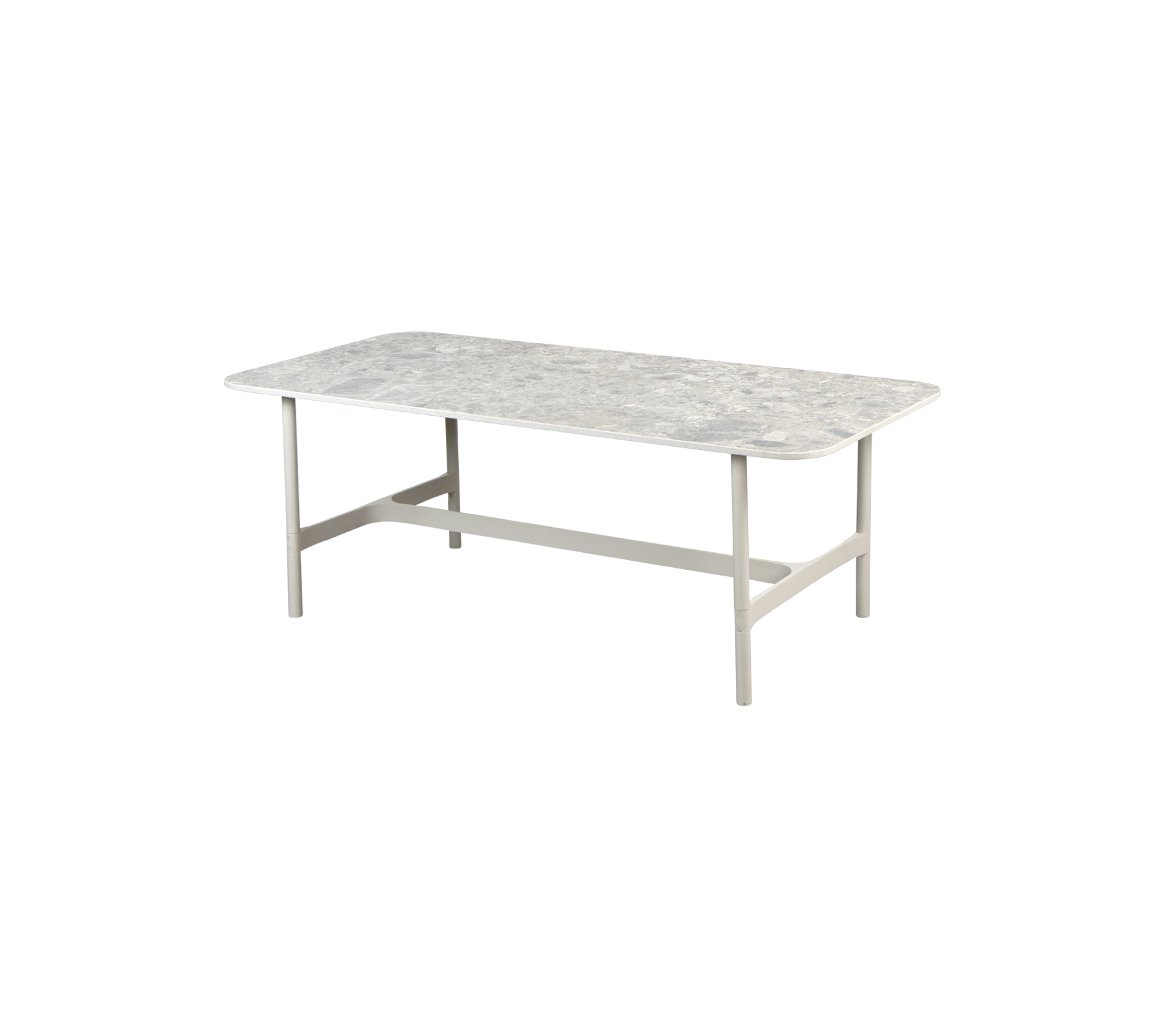 Een rechthoekige tafel met een gestructureerd oppervlak en stevige poten, ontworpen voor verschillende omgevingen en activiteiten.