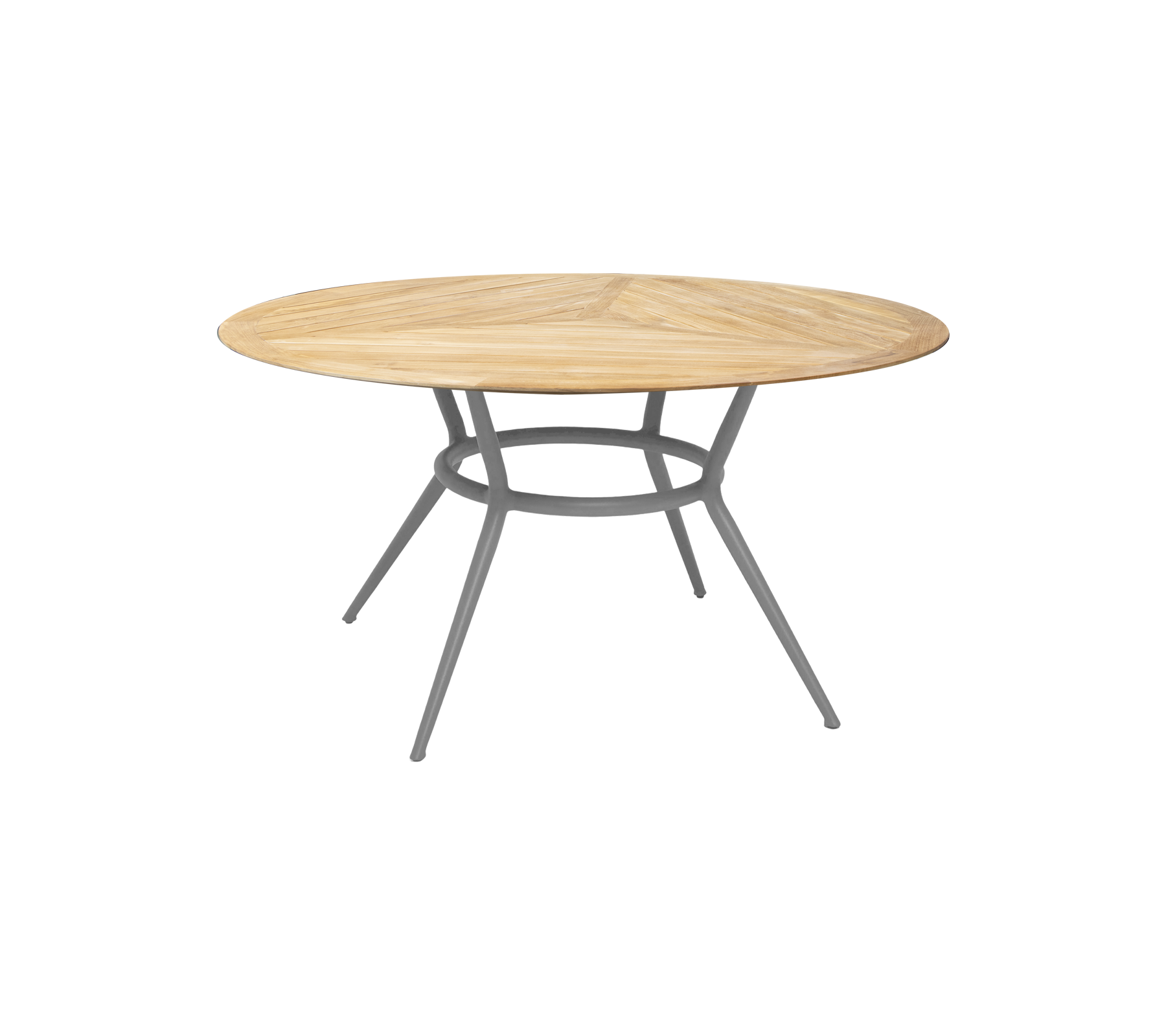 Ronde houten tafel met een natuurlijke afwerking en een slanke, moderne metalen basis met drie schuine poten. Ideaal voor verschillende omgevingen.