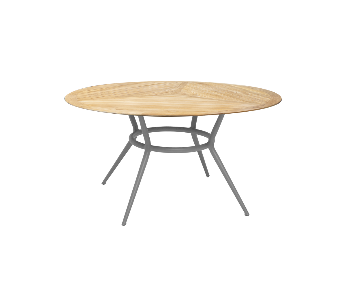 Ronde houten tafel met een natuurlijke afwerking en een slanke, moderne metalen basis met drie schuine poten. Ideaal voor verschillende omgevingen.