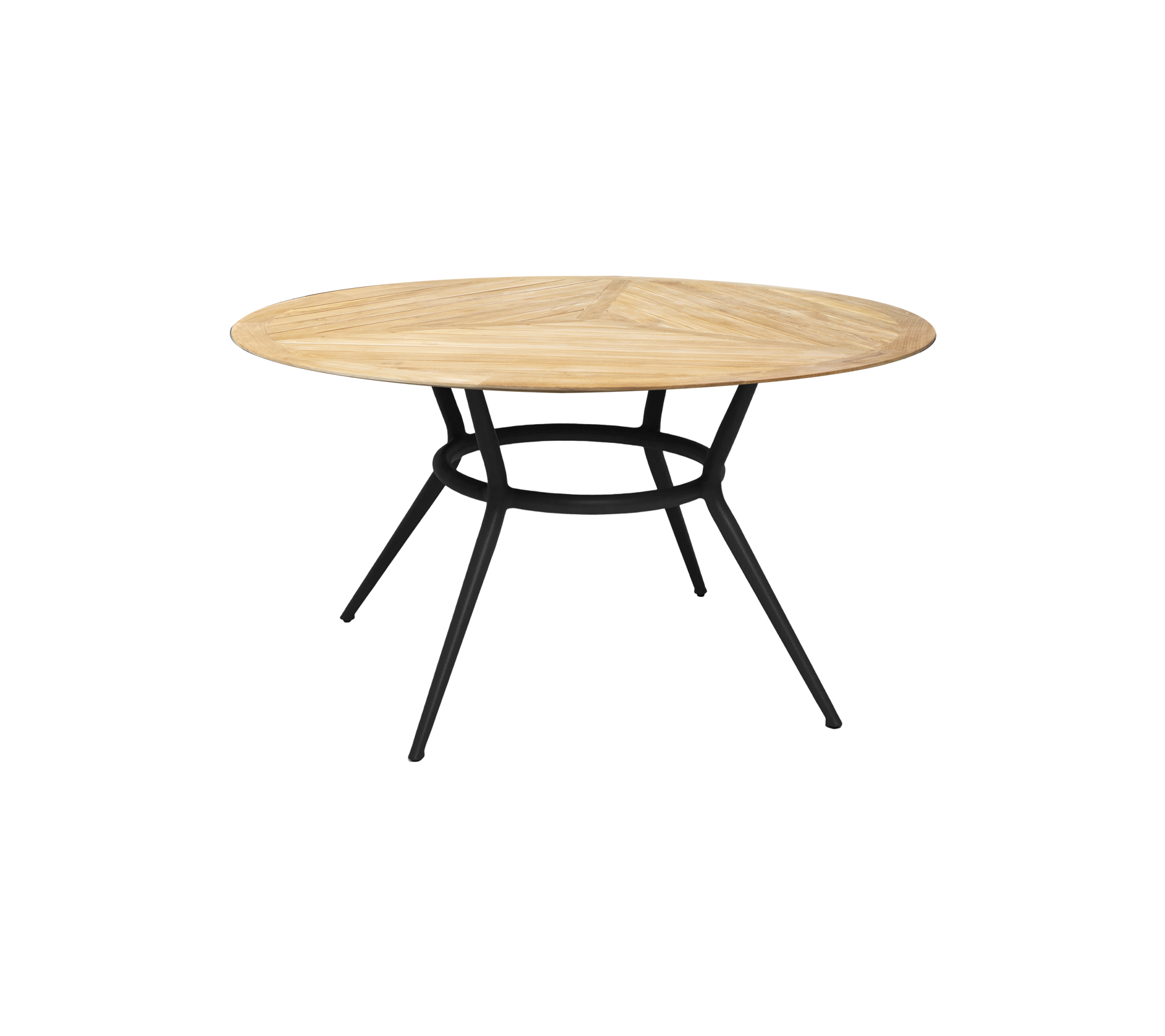 Ronde houten tafel met een licht houten afwerking en een zwarte metalen basis, met een slank en modern design.