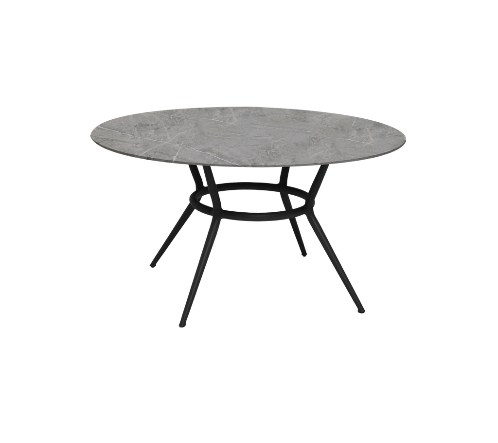 Modern rond grijs tafel met een slank ontwerp en zwarte poten.