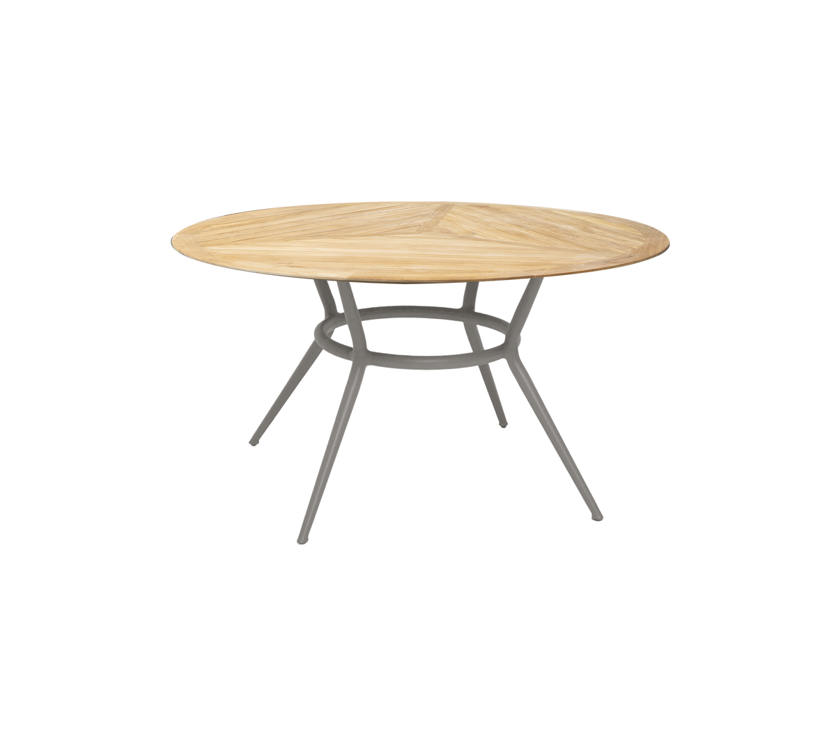 Ronde houten tafel met een lichte houten afwerking en stevige grijze poten, die een modern en stijlvol ontwerp biedt voor verschillende omgevingen.