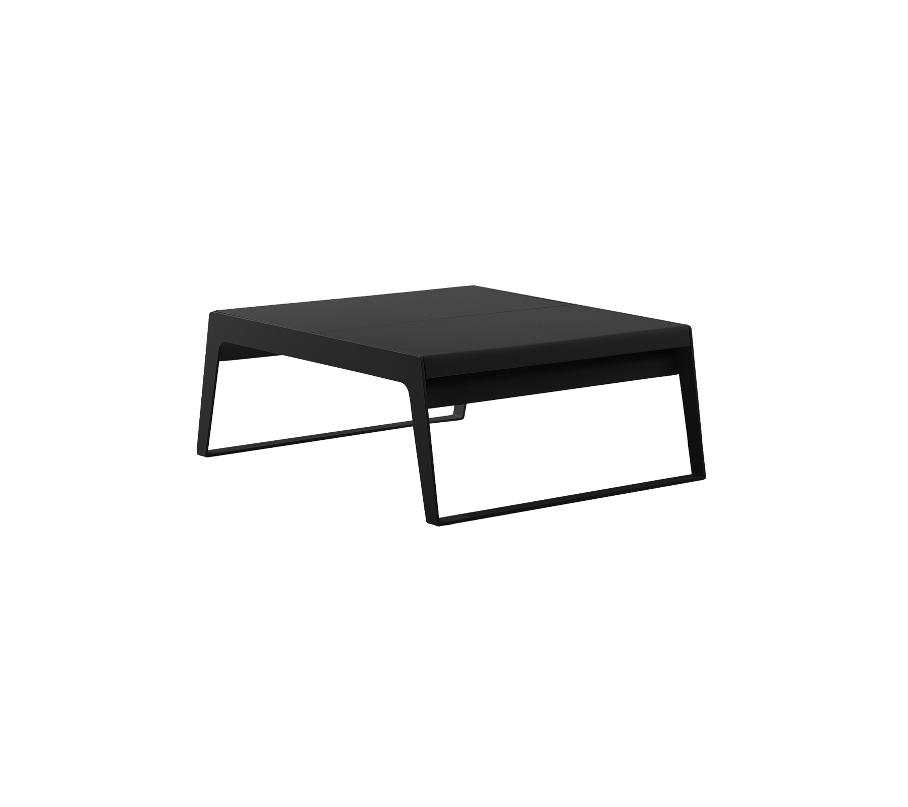 Modern zwart tafel met een minimalistisch ontwerp, met een vlakke oppervlak en slanke poten, geschikt voor verschillende omgevingen.