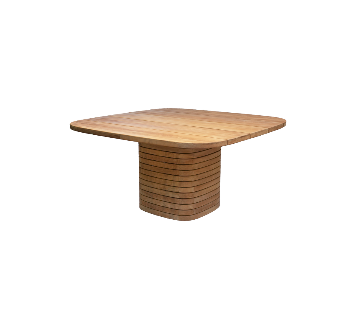 Vierkant teak eettafel met een uniek basisontwerp.