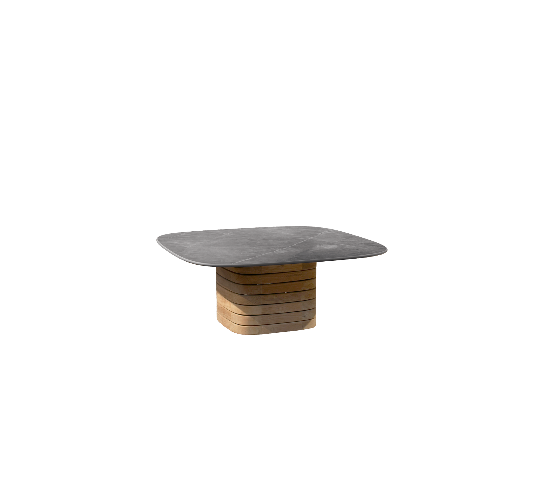 Grijze tafel met een teak basis in een modern ontwerp.