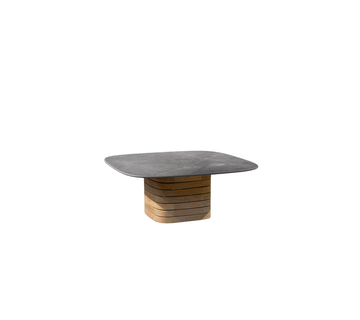 Grijze tafel met een teak basis in een modern ontwerp.