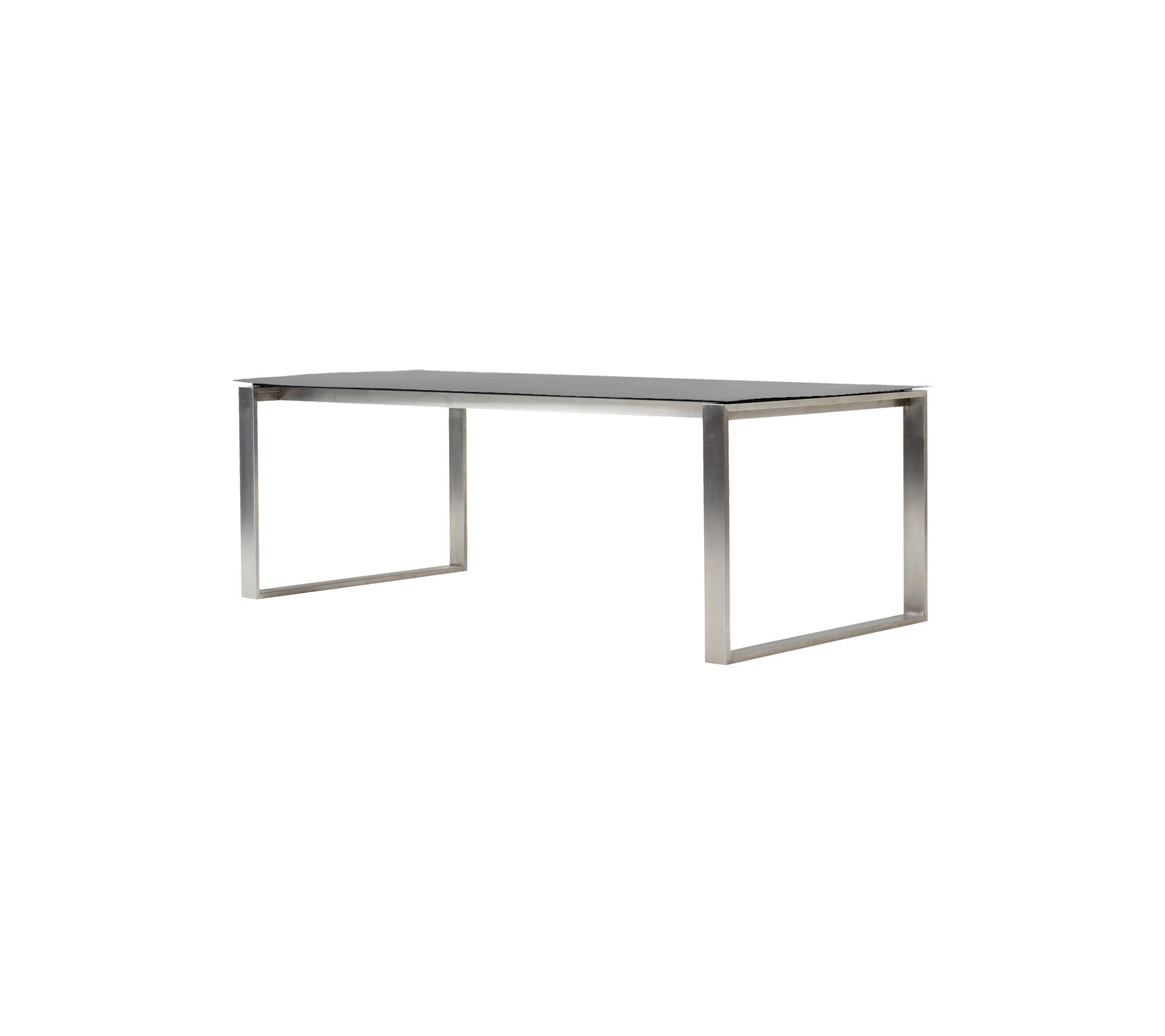 Stijlvolle, moderne tafel met een gladde oppervlakte en stevige metalen poten, perfect voor eet- of werkarrangementen.