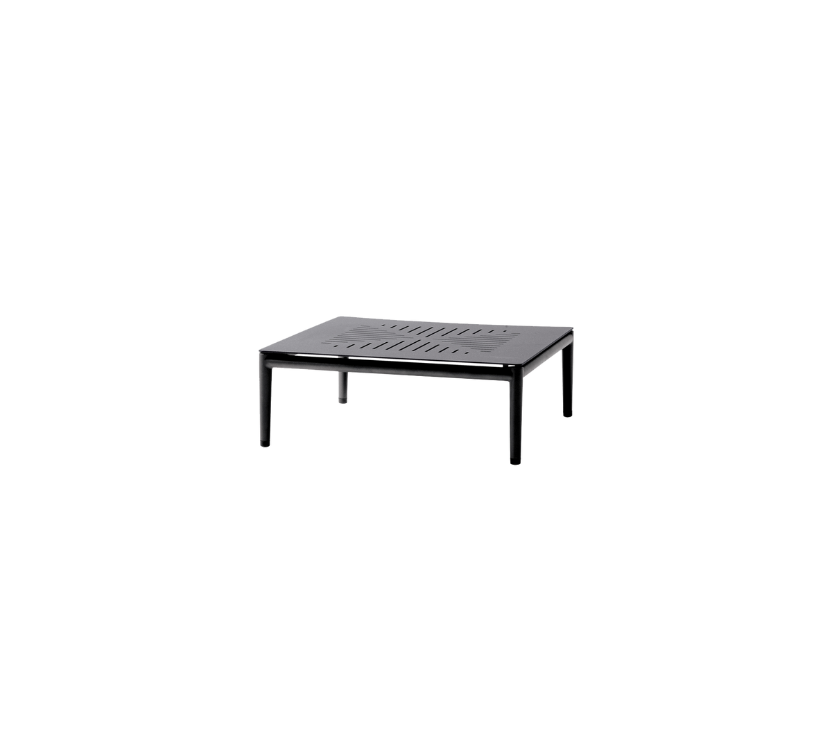 Vierkant zwart tafel met een lattenblad en stevige poten, geschikt voor verschillende omgevingen en doeleinden.