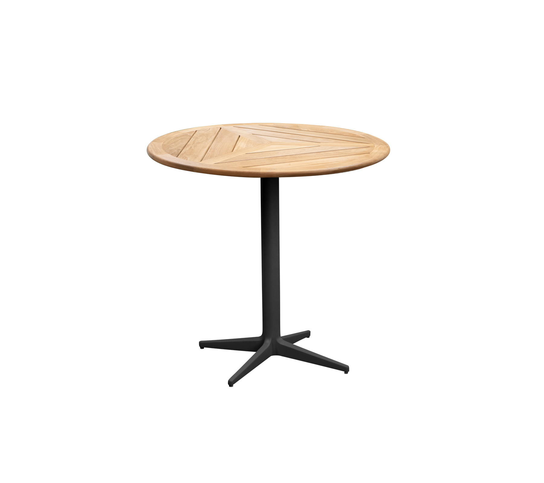 Ronde houten tafel met een lattenblad en een stevige zwarte basis, perfect voor casual bijeenkomsten of esthetische decoratie.