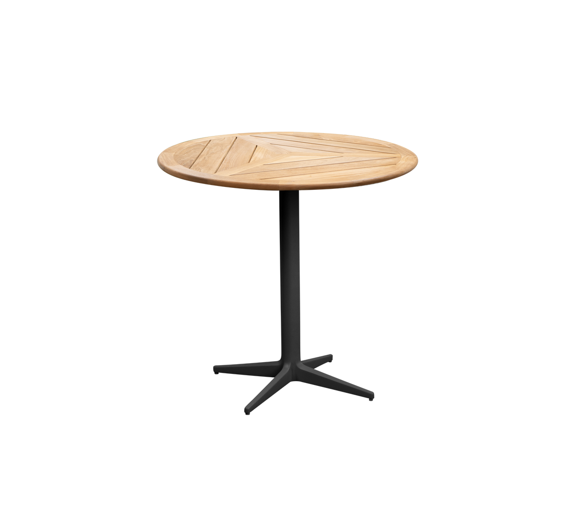 Ronde houten tafel met een lattenblad en een stevige zwarte basis, perfect voor casual bijeenkomsten of esthetische decoratie.