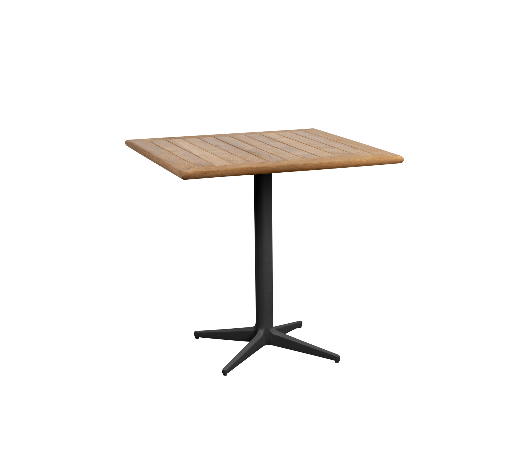 Vierkant tafel met een houten blad en een slanke zwarte pedestalbasis, ideaal voor verschillende omgevingen en bijeenkomsten.