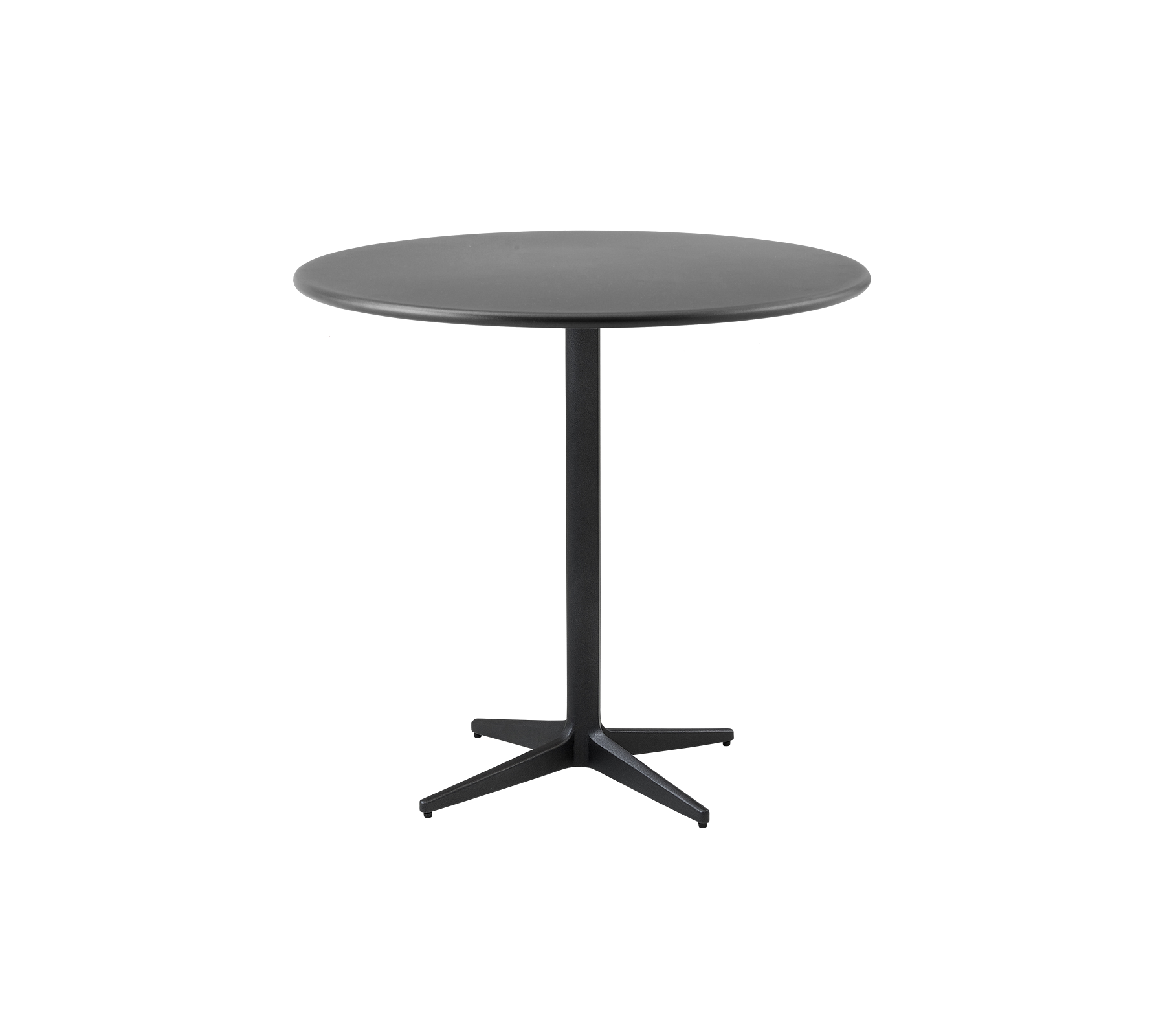 Ronde tafel met een elegante zwarte afwerking en een minimalistisch ontwerp, voorzien van een stevige centrale basis voor stabiliteit.