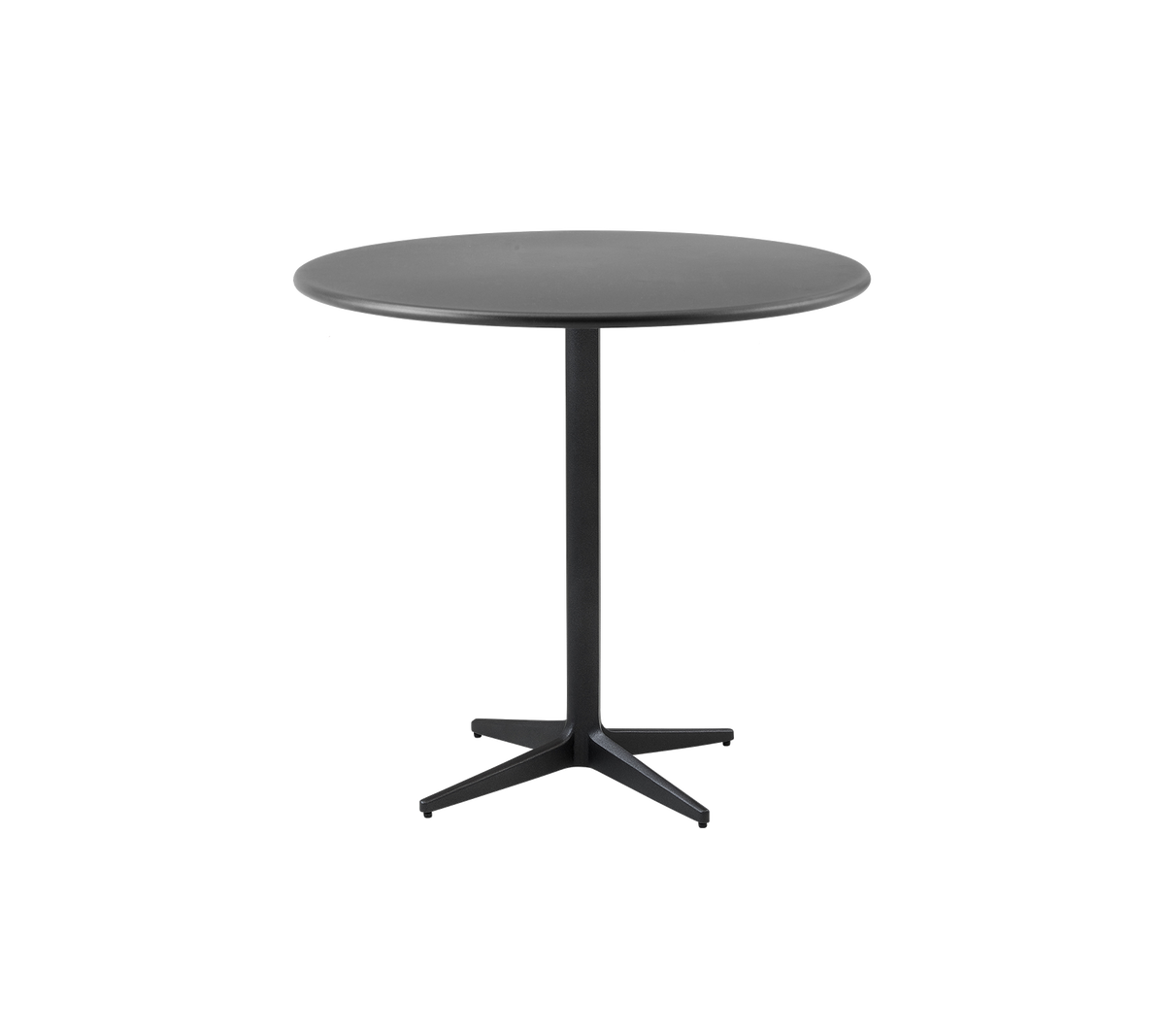 Ronde tafel met een elegante zwarte afwerking en een minimalistisch ontwerp, voorzien van een stevige centrale basis voor stabiliteit.