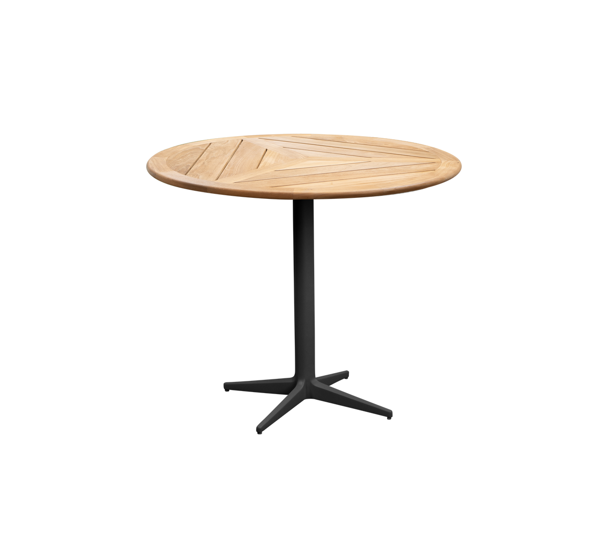 Ronde houten tafel met een slank ontwerp en een stevige zwarte basis, perfect voor verschillende settings. Ideaal voor informeel dineren of bijeenkomsten.