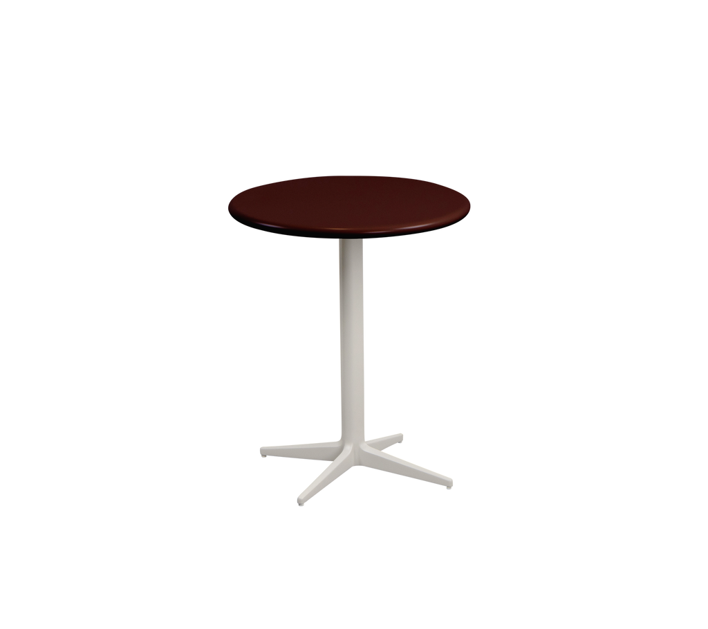 Burgundy ronde tafel met een witte basis.