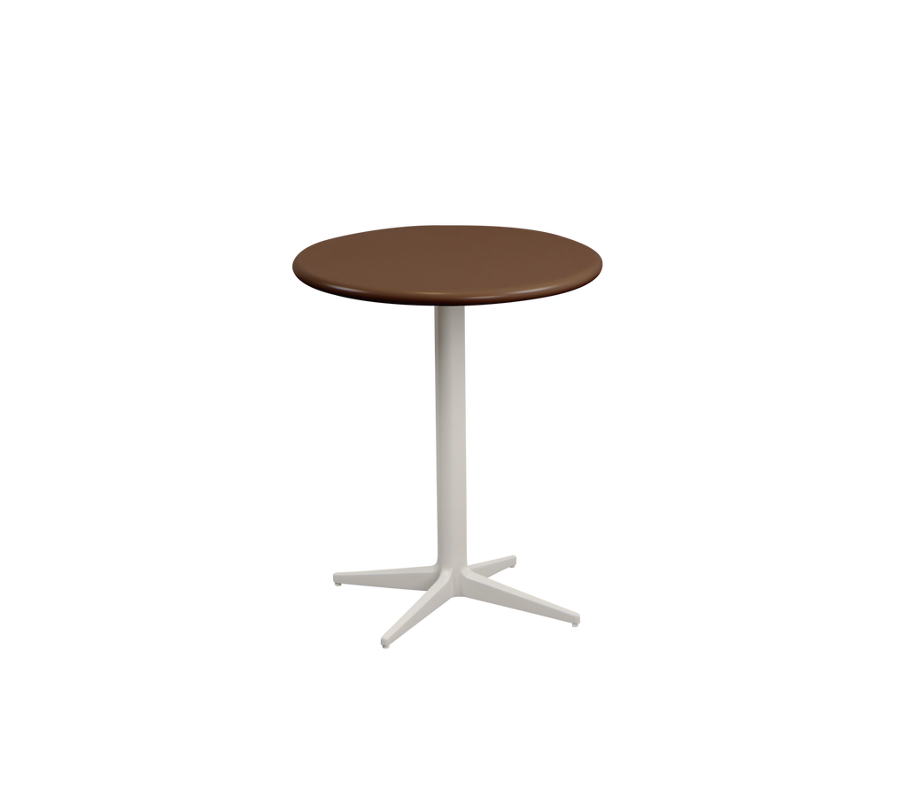 Ronde bruine tafel met een witte voet.