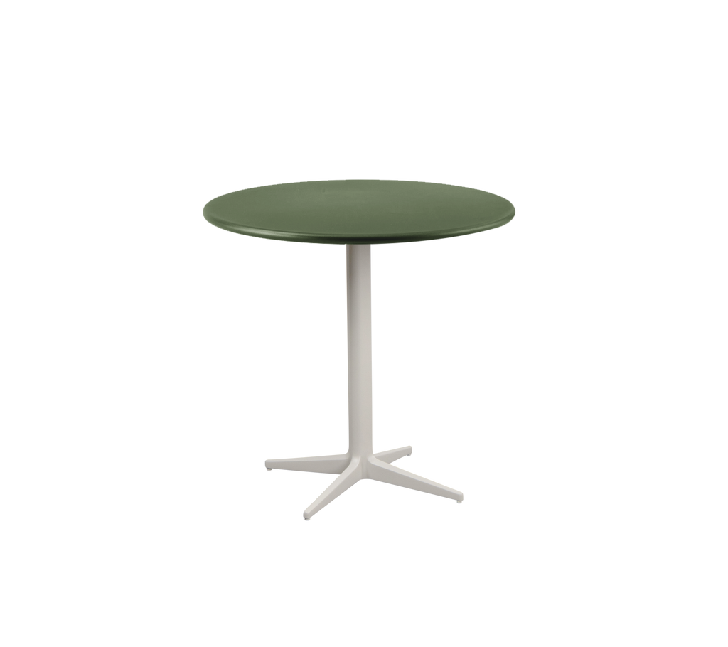 Ronde groene tafel met een witte voet.
