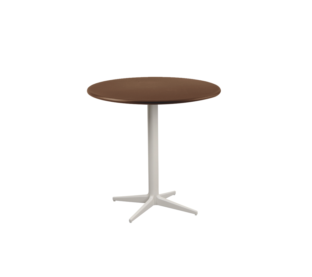  ronde bruine tafel met een witte voet.
