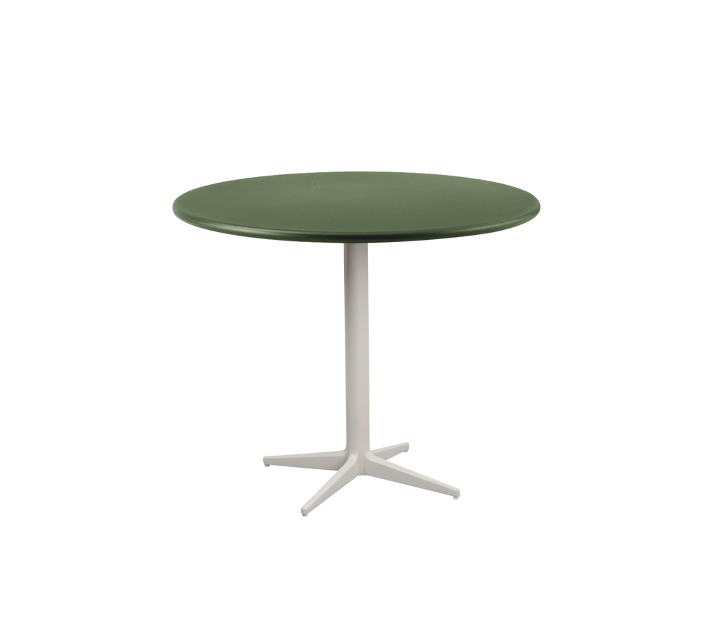 Donkergroene ronde tafel met een witte basis.