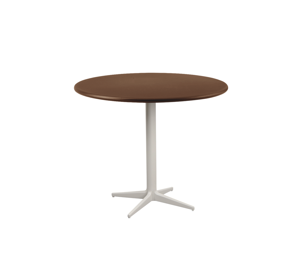 Modern rondebruine tafel met een witte basis.