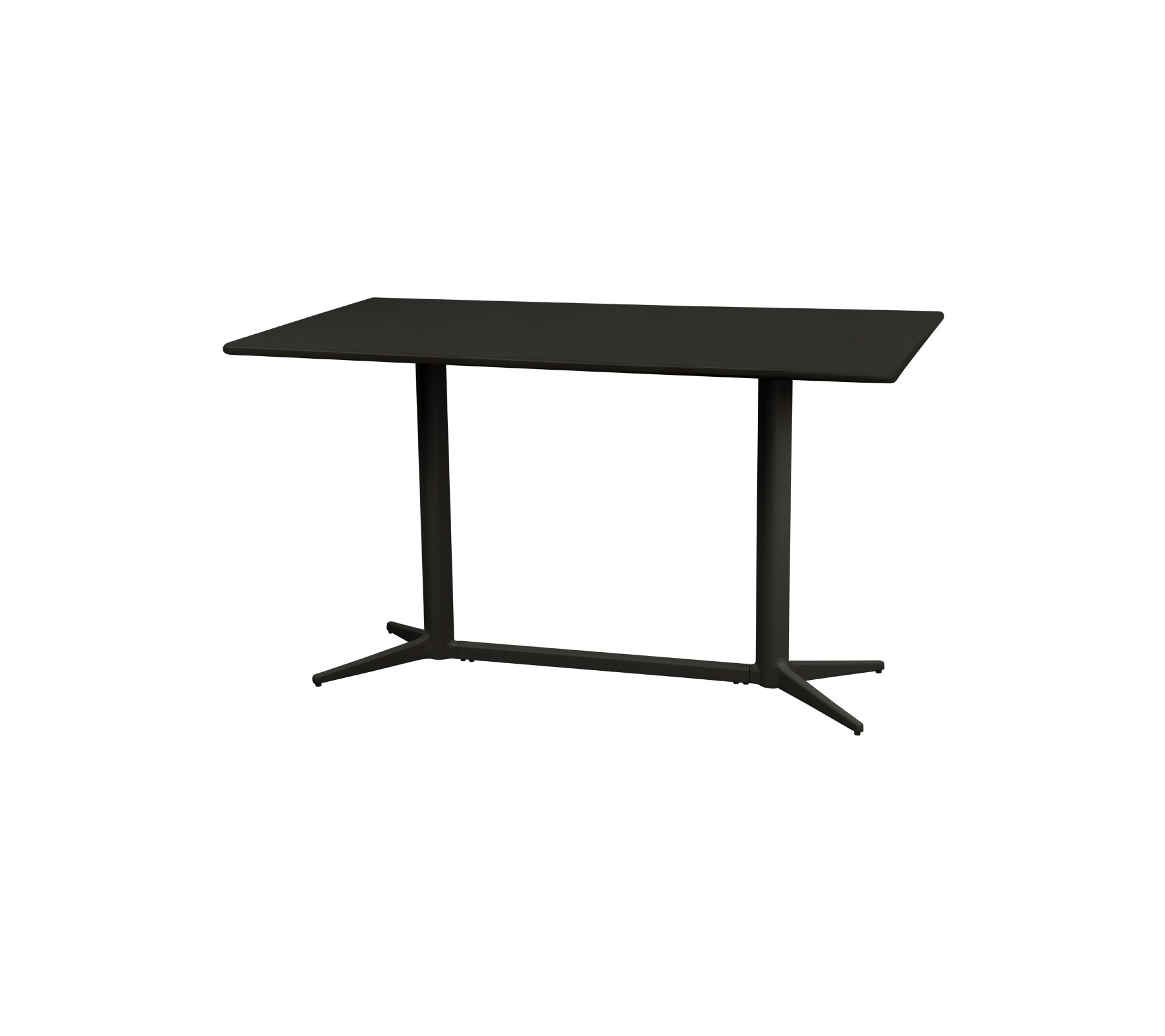 Modern tafeltje met een slanke rechthoekige oppervlakte en stevige poten, met een minimalistisch ontwerp in een donkere afwerking. Ideaal voor verschillende ruimtes.
