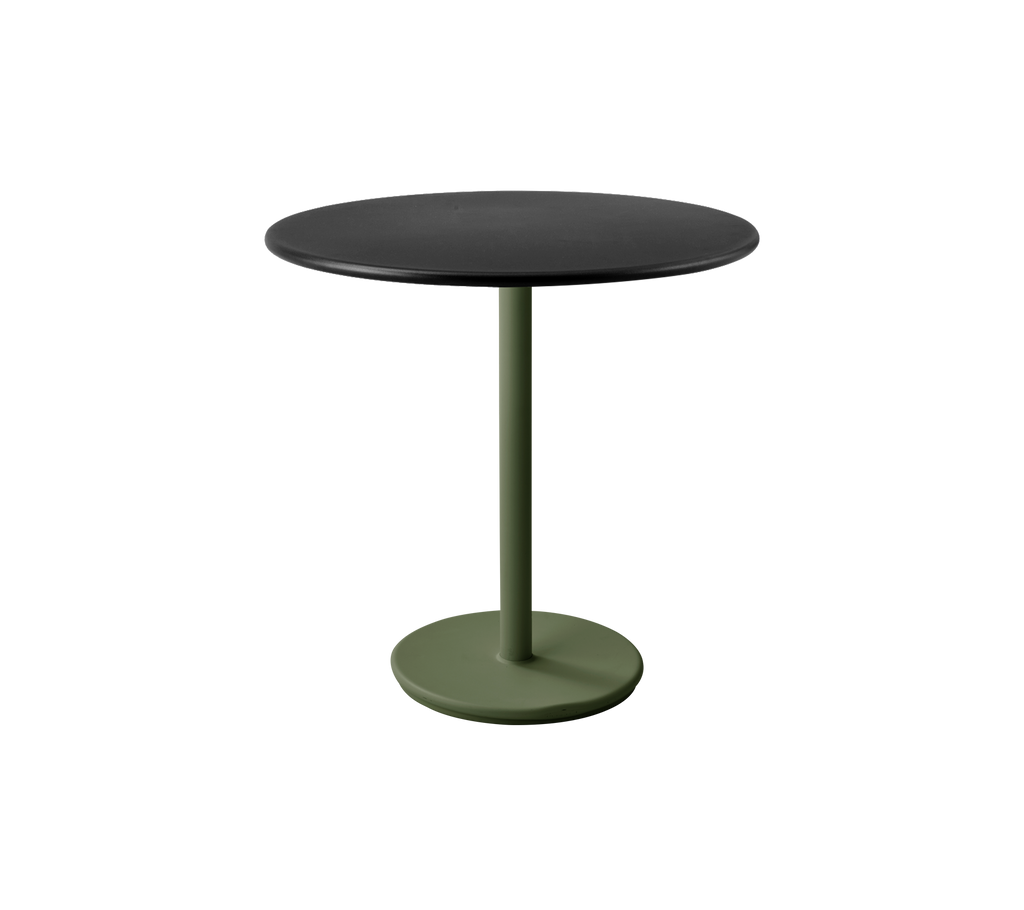 Modern tafel met een donkergroen onderstel en een lava-grijze bovenkant.