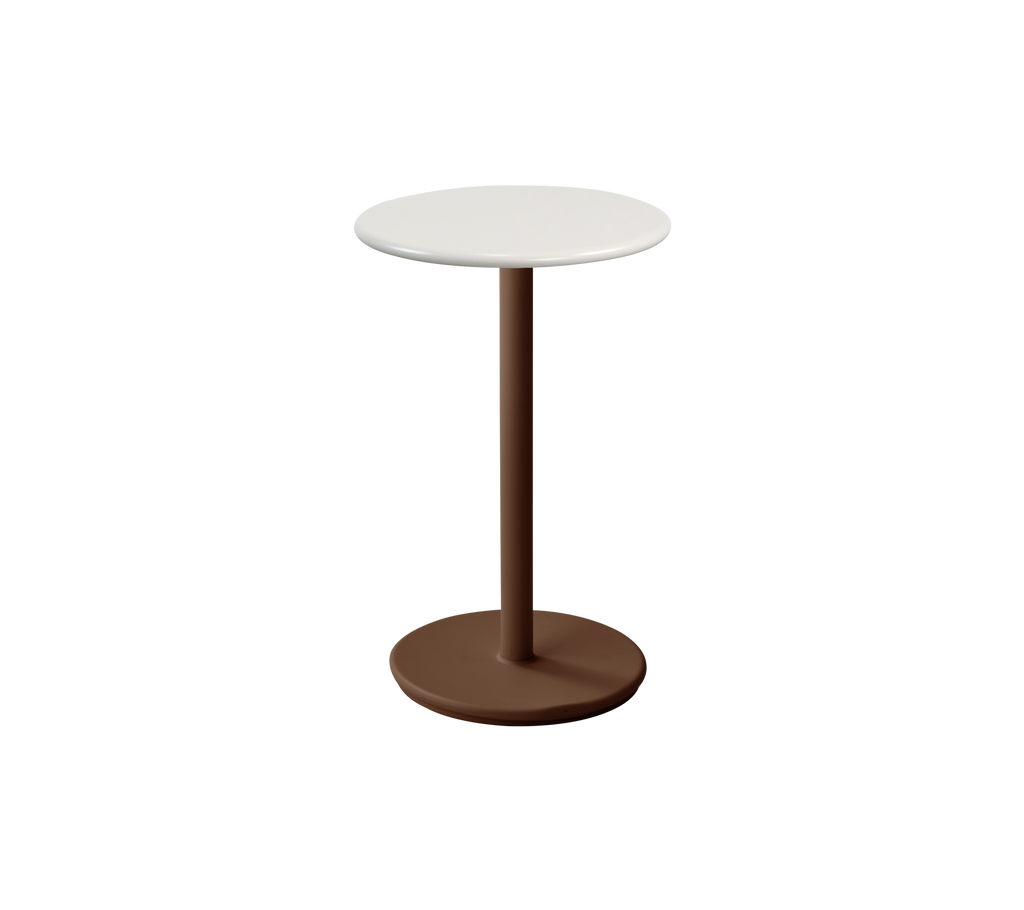 Moderne ronde tafel met een witte top en een woestijnrode basis.