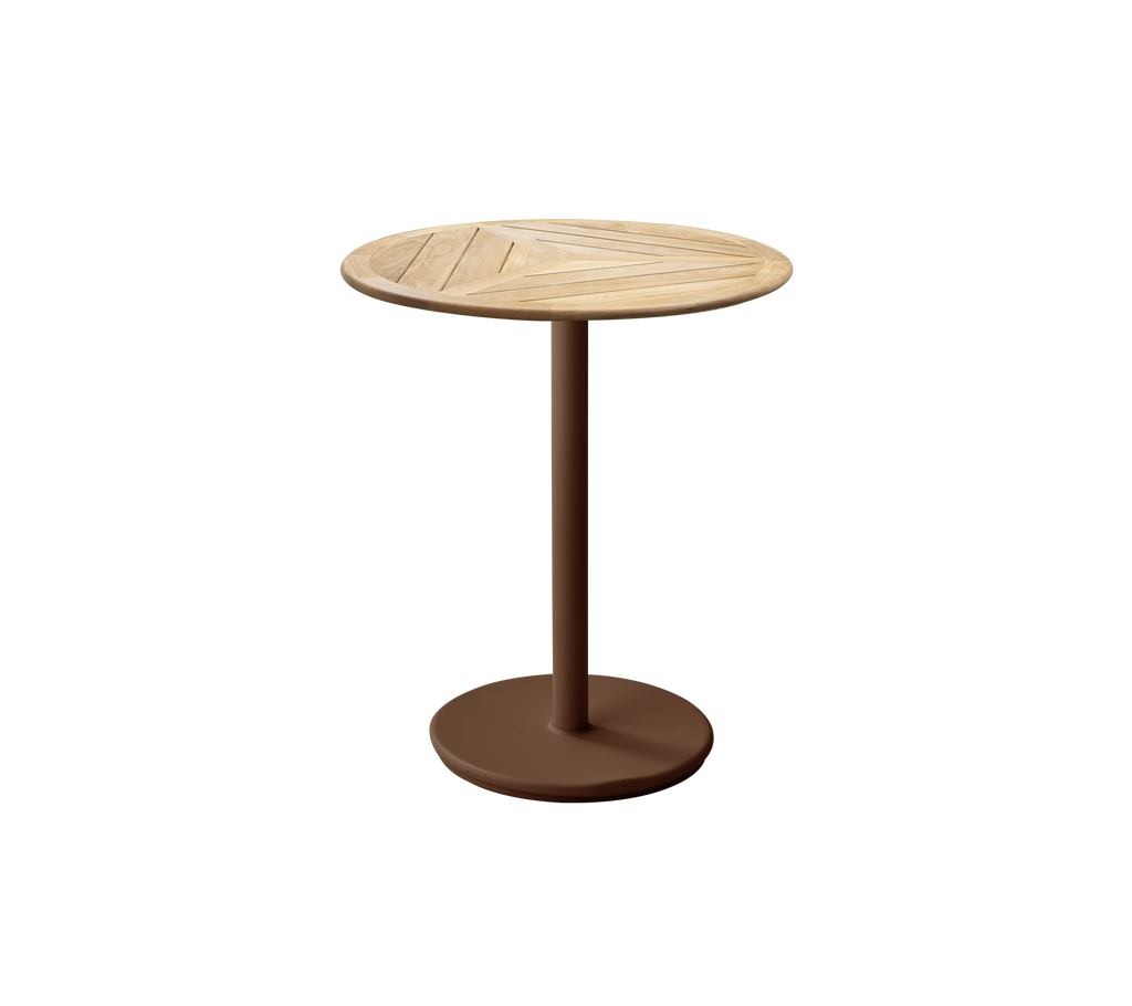 Woestijnrood rond tafel met een houten blad in een eenvoudig design.