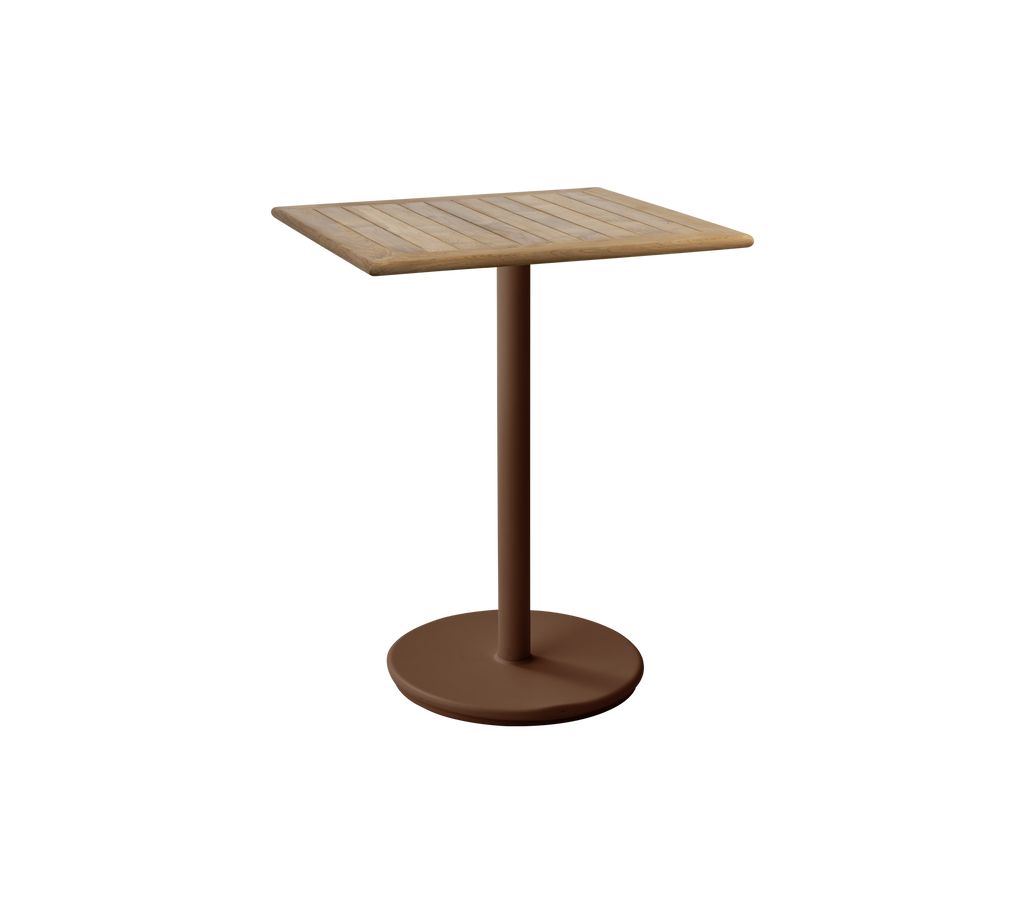 Woestijnrood tafel met teakhouten blad in een eenvoudig ontwerp.