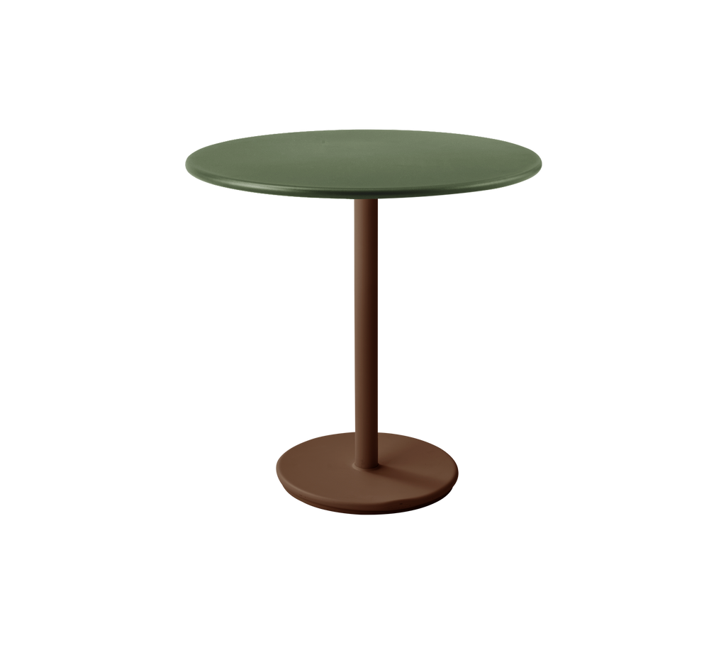 Modern ronde tafel met een groene bovenkant en een bruine basis.