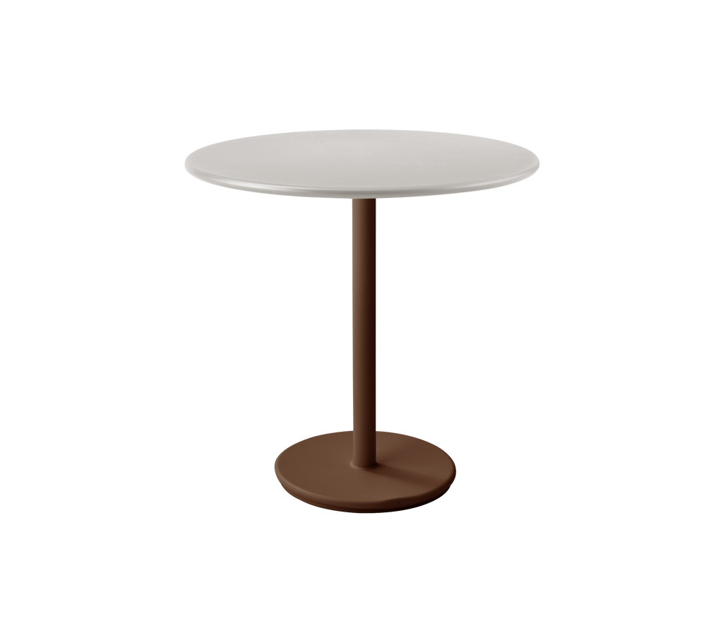 Modern ronde tafel met een witte bovenkant en woestijnrode basis.
