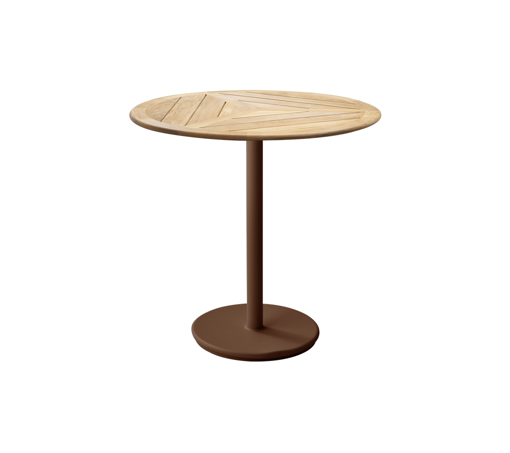 Ronde tafel met teakblad en woestijnrode voet.