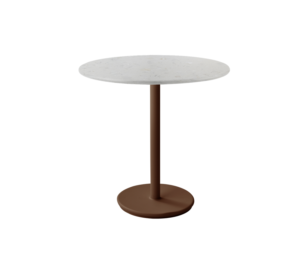 Modern rond tafel met een witte top en een woestijnrode basis.