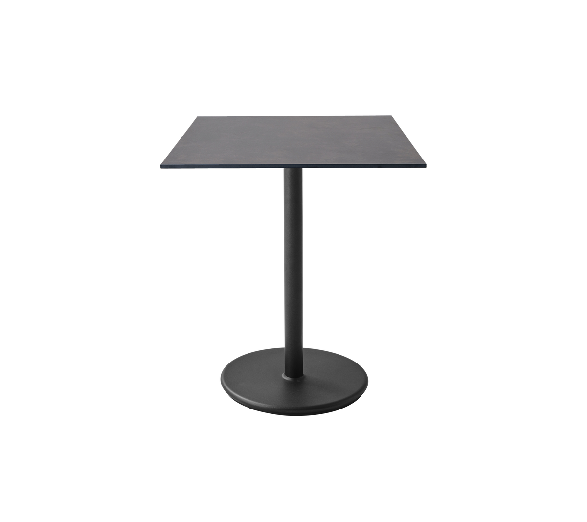 Vierkante tafel met een sleek oppervlak en een stevige ronde basis, ontworpen voor moderne ruimtes en veelzijdig gebruik.