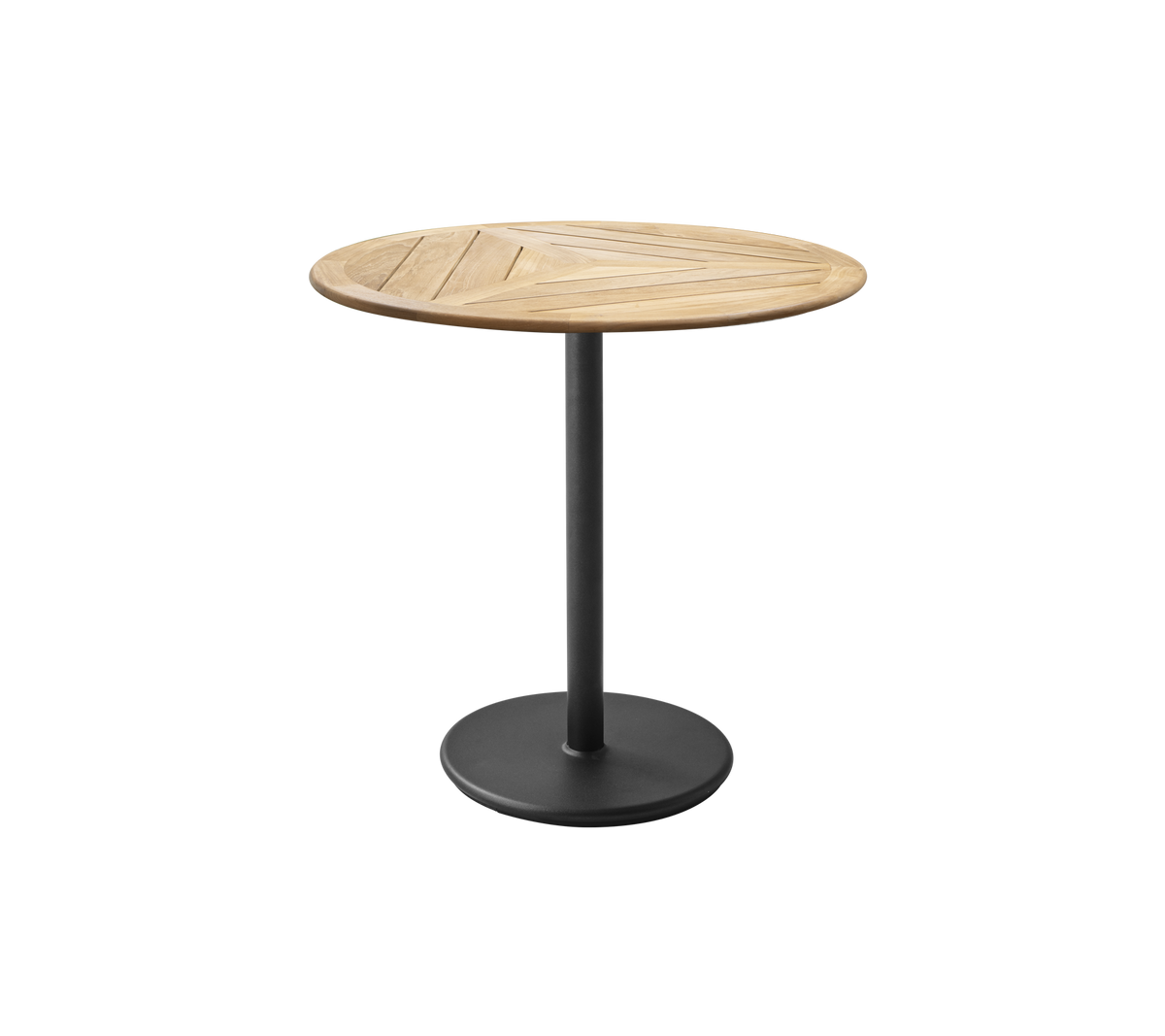 Rond tafel met een houten blad met een geometrisch ontwerp en een metalen basis met matte afwerking. Ideaal voor casual dineren of bijeenkomsten.