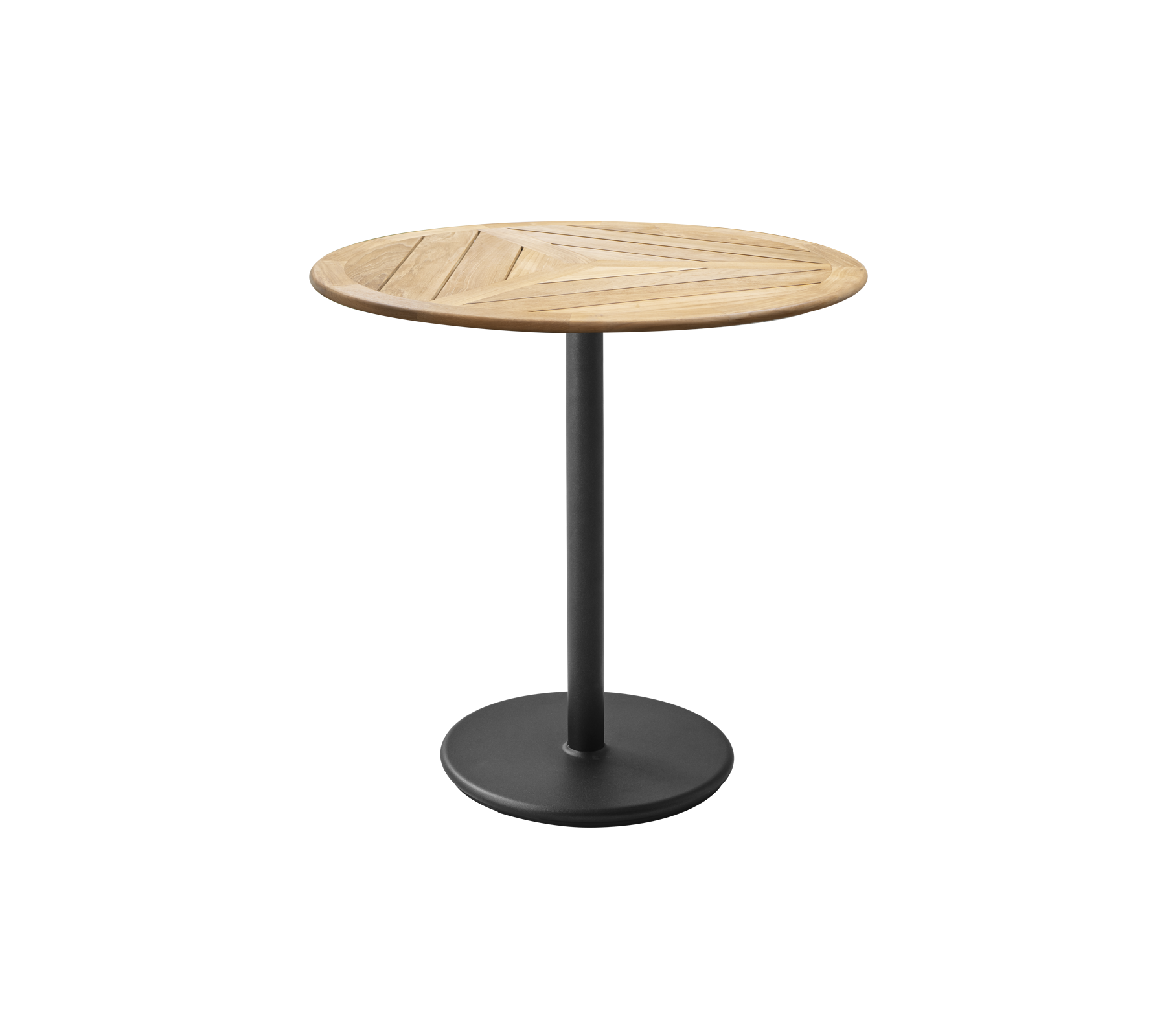 Rond tafel met een houten blad met een geometrisch ontwerp en een metalen basis met matte afwerking. Ideaal voor casual dineren of bijeenkomsten.