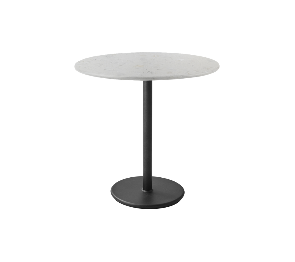 Ronde grijze tafel met een zwarte voet in een modern ontwerp.