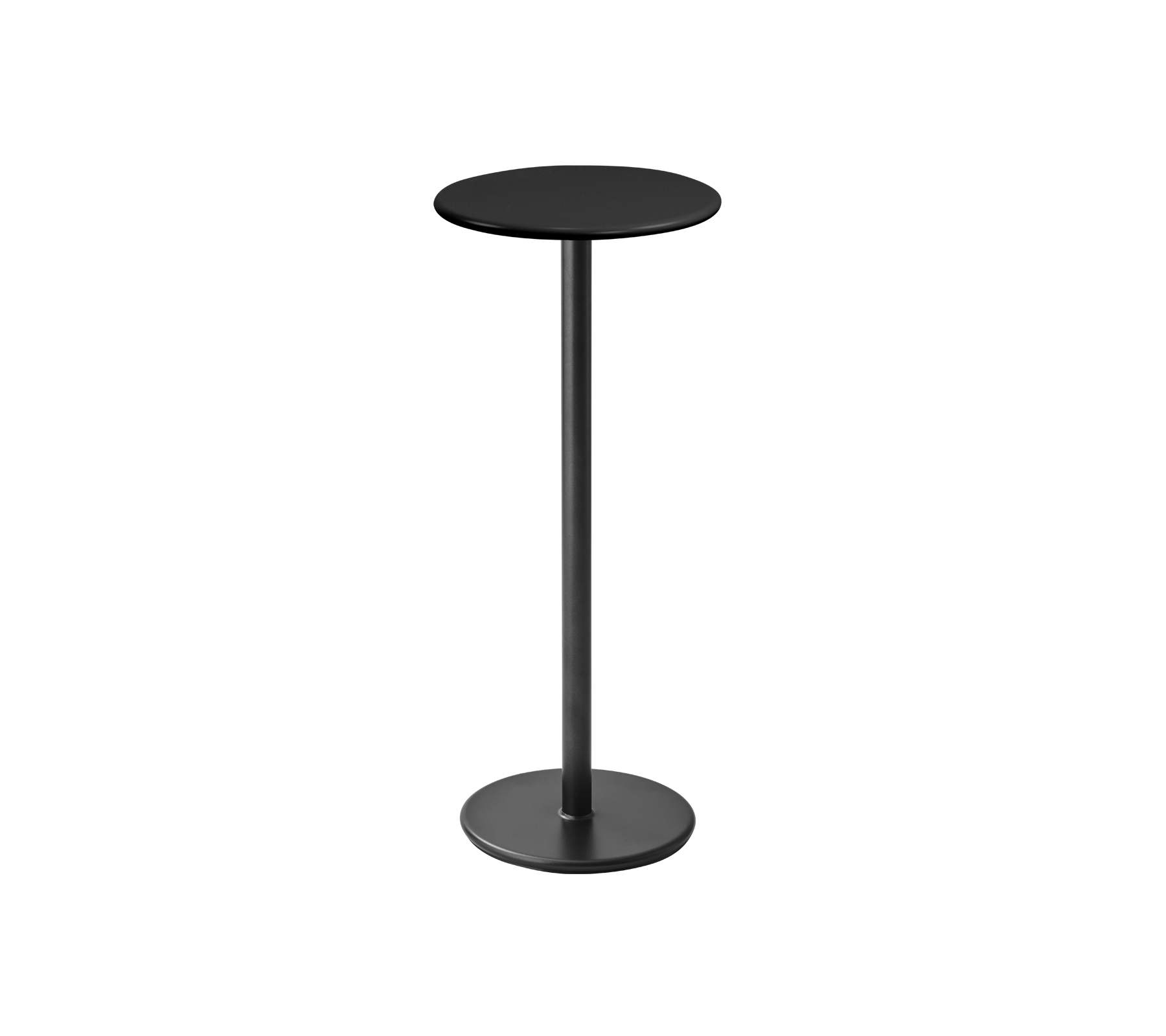 Een slank, modern rond tafel met een zwarte bovenkant en slanke zwarte voet, ideaal voor casual dineren of drankjes.
