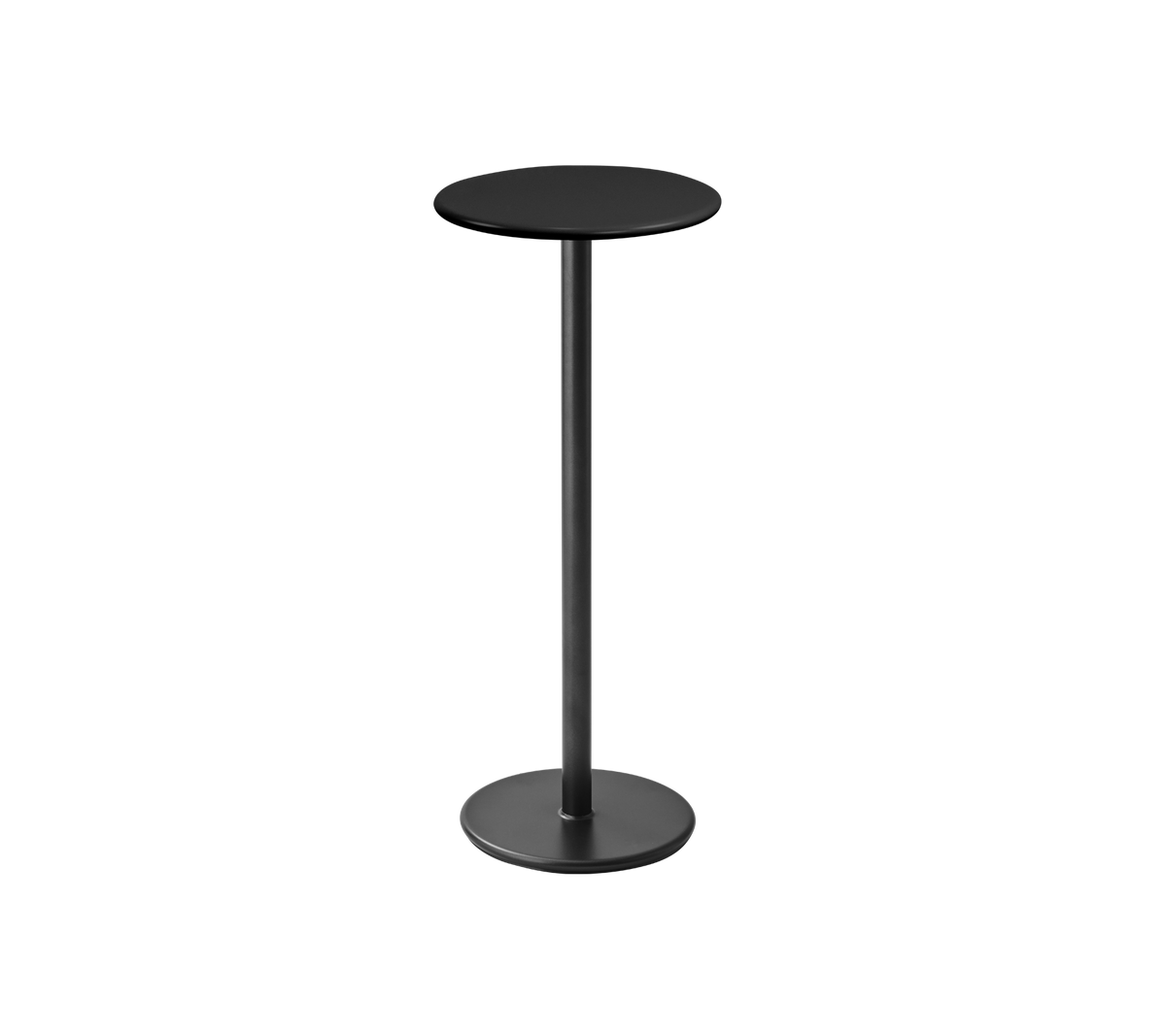 Een slank, modern rond tafel met een zwarte bovenkant en slanke zwarte voet, ideaal voor casual dineren of drankjes.
