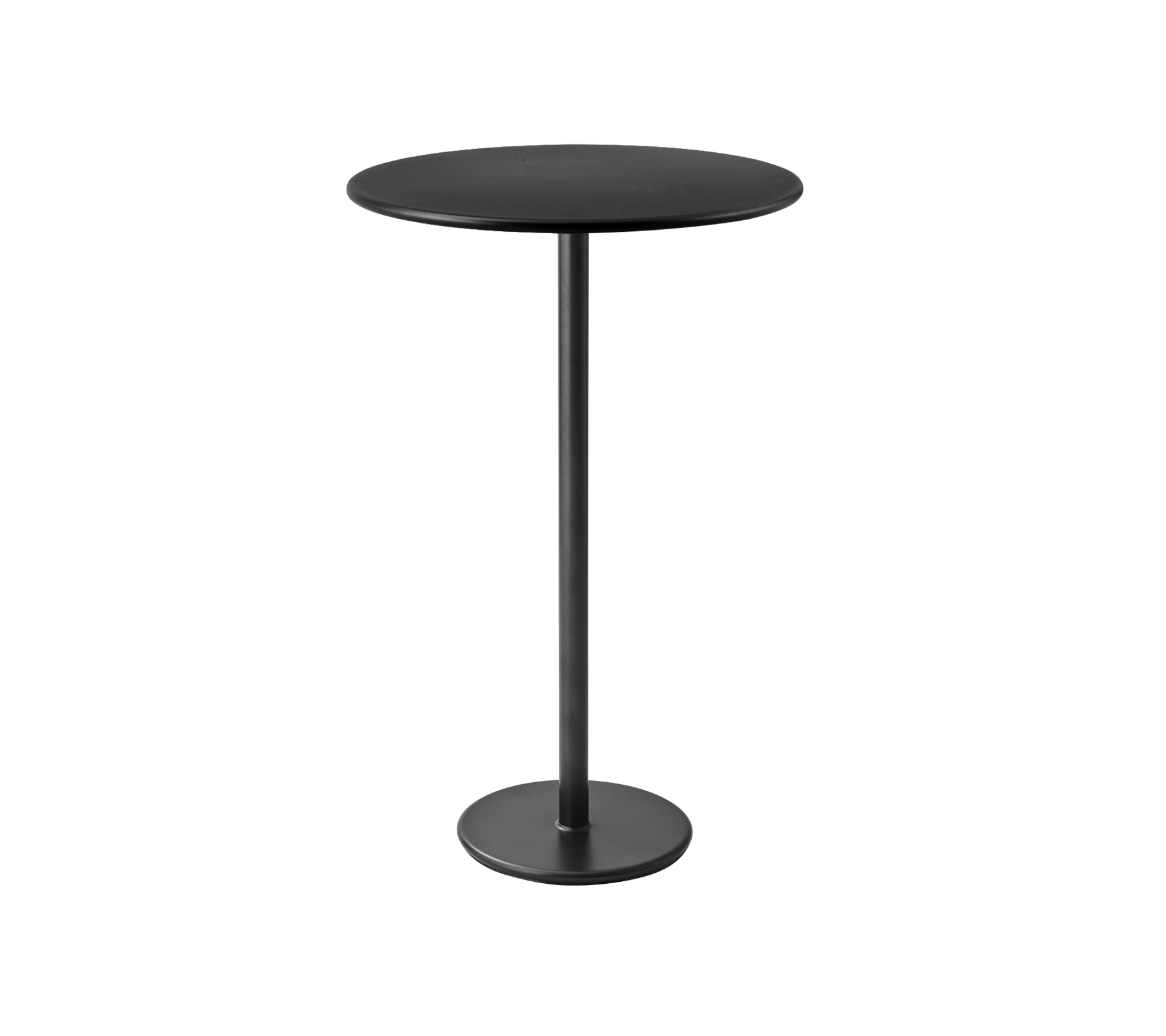 Soepele zwarte bartafel met een ronde bovenkant en een stevige ronde basis, perfect voor stijlvolle settings.