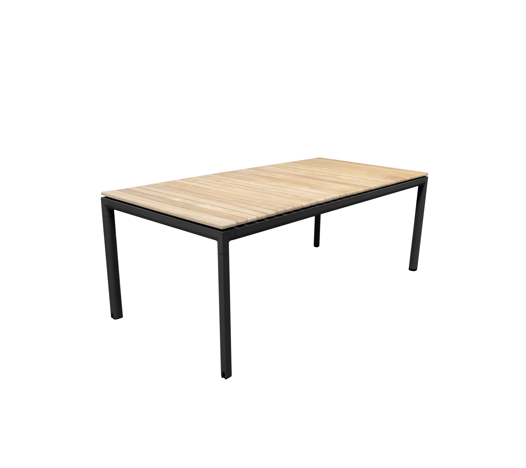 Een moderne tafel met een slank zwart metalen frame en een licht houten oppervlak, ontworpen voor veelzijdig gebruik.