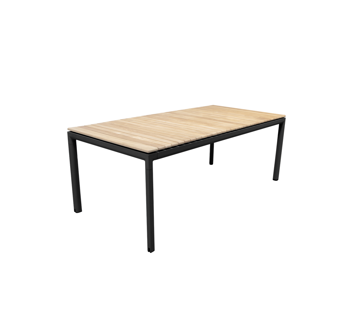 Een moderne tafel met een slank zwart metalen frame en een licht houten oppervlak, ontworpen voor veelzijdig gebruik.
