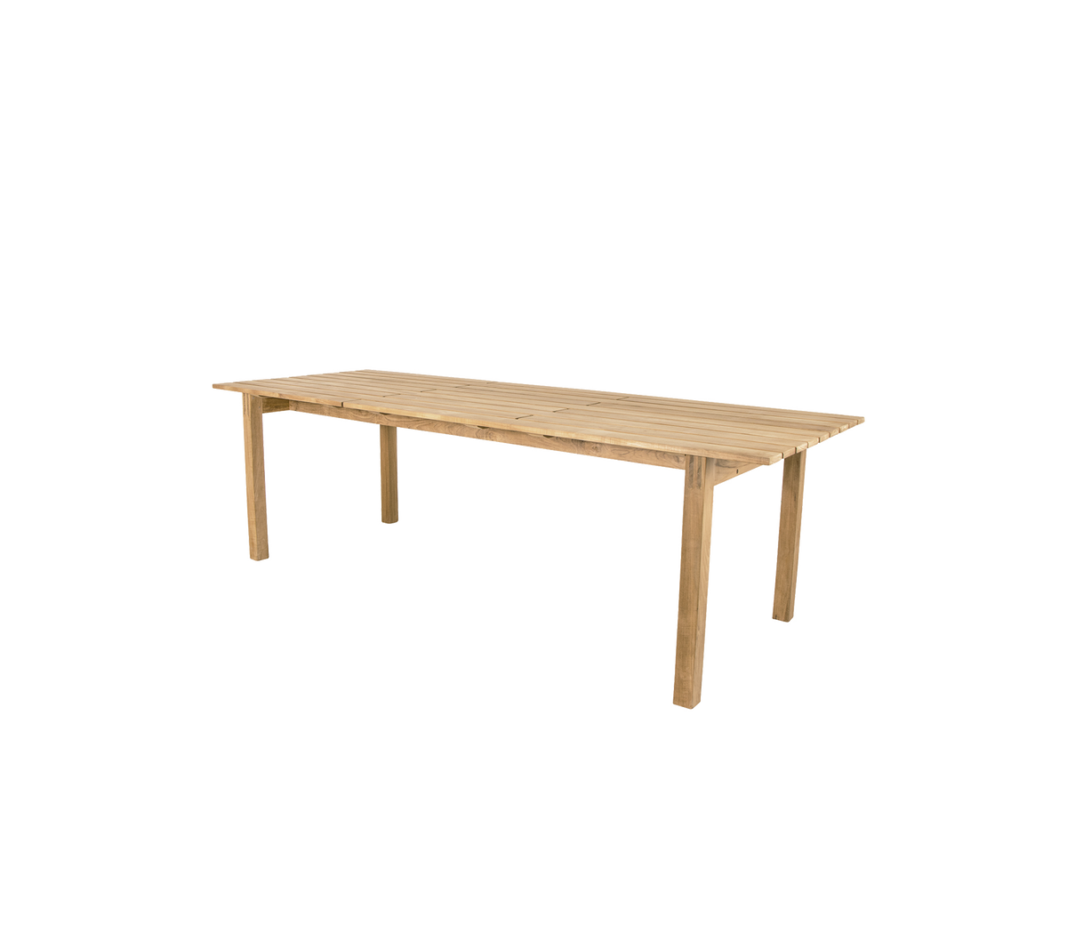 Houten tafel met een natuurlijke afwerking, met vier stevige poten en een ruime rechthoekige oppervlakte, geschikt voor dineren of werkruimte.