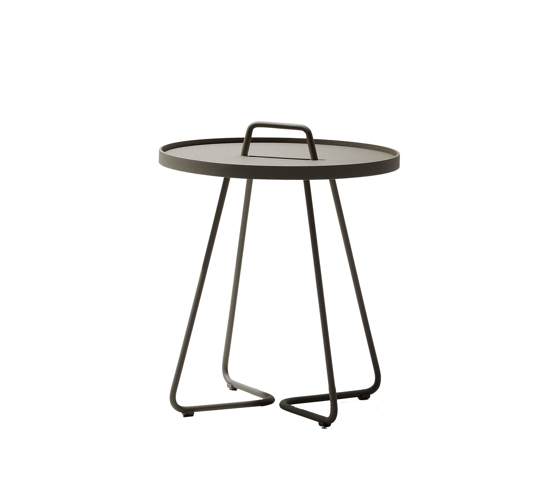 Ronde tafel met een slank ontwerp, voorzien van een draaghandvat en een minimalistische basis. Perfect voor elke moderne omgeving.