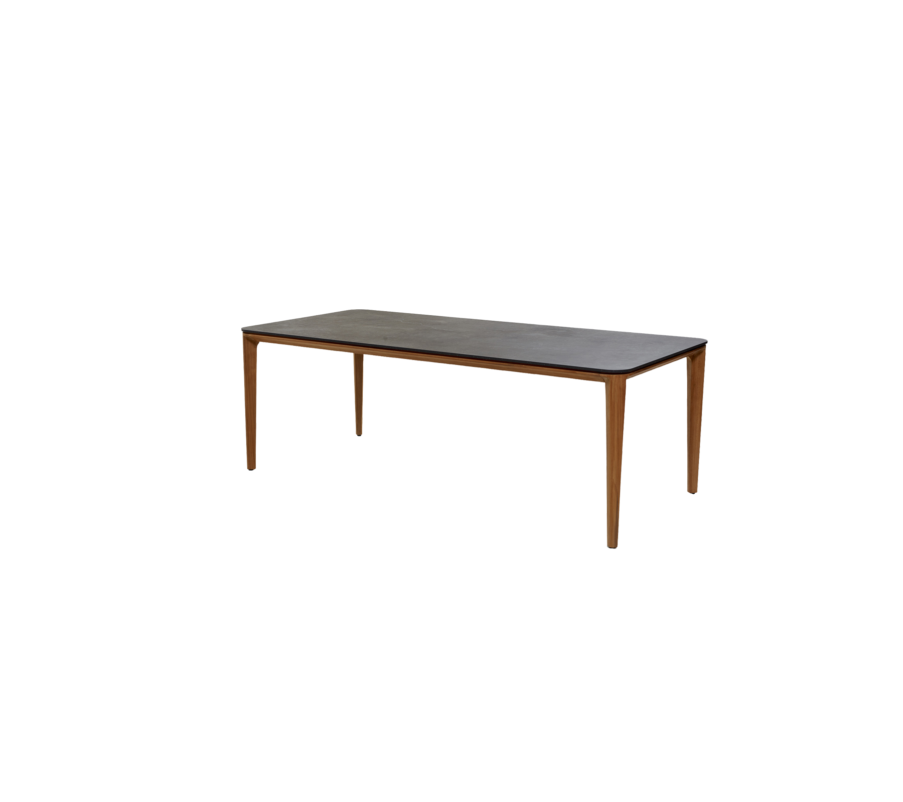Eenvoudige rechthoekige tafel met een donkere oppervlakte en houten poten, geschikt voor verschillende omgevingen en gebruiksdoeleinden.